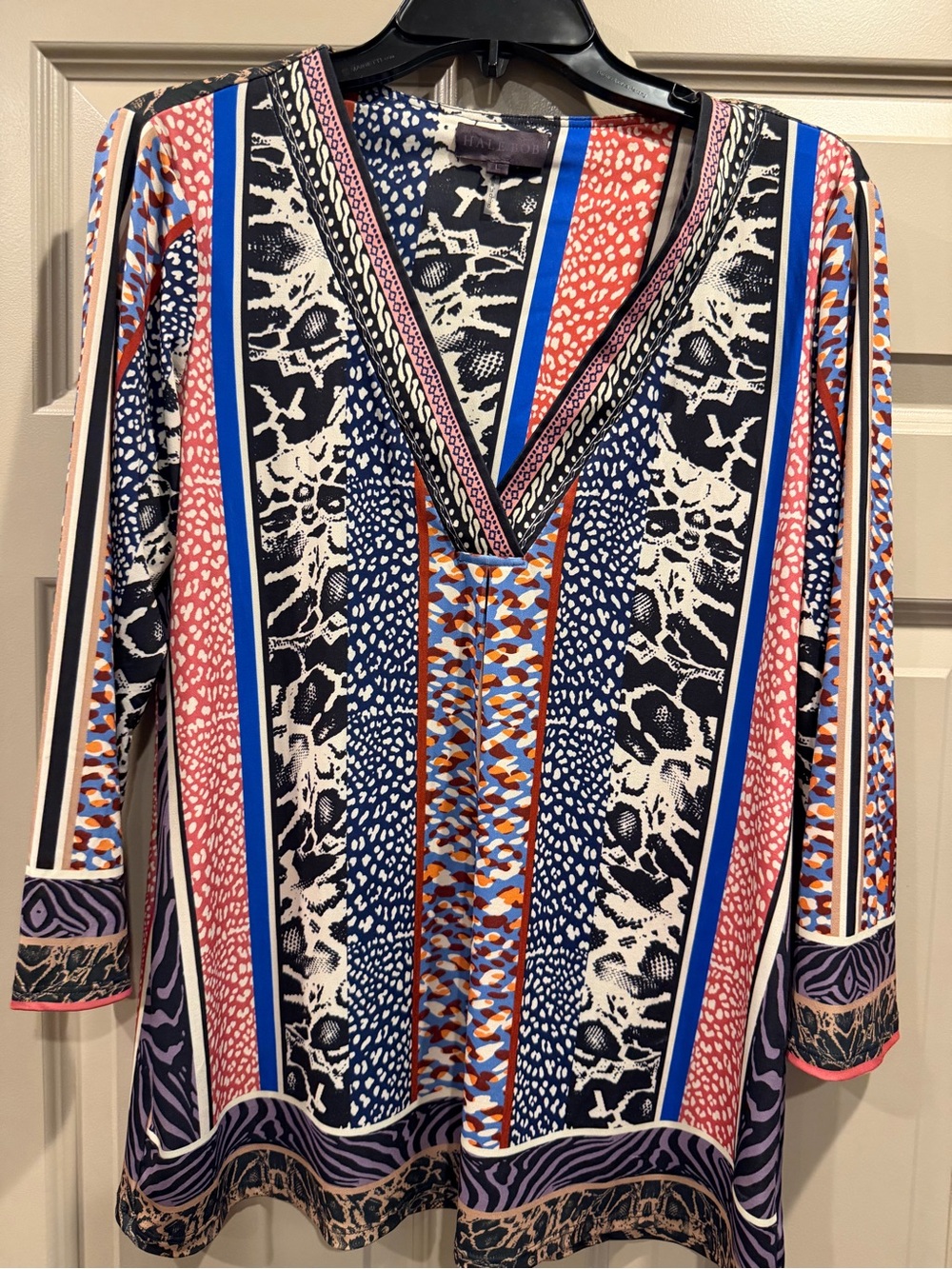 Hale Bob Multicolor V-Neck Printed Tunic - Navy, Red Blue, White, Black